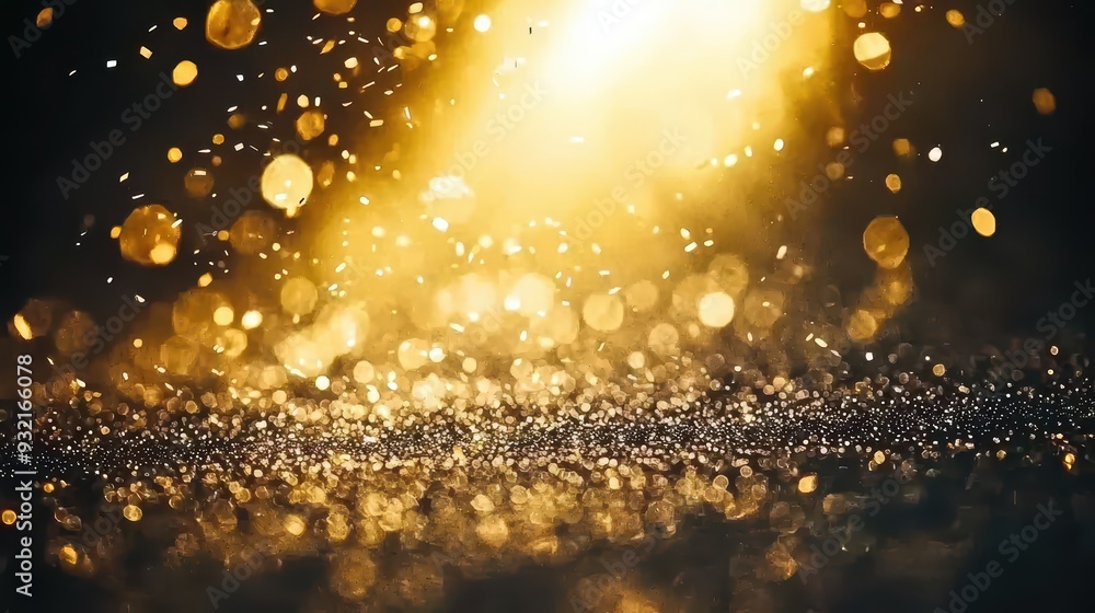 Poster a mesmerizing display of golden light particles shimmering on a dark background, creating a magical 