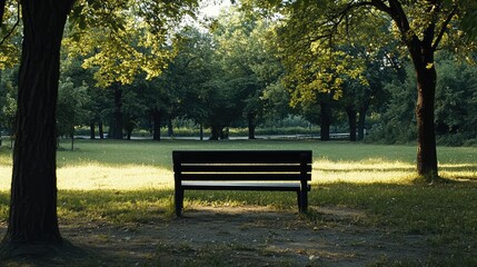 A vacant park bench in a quiet, serene park, suggesting a story of solitude and waiting.