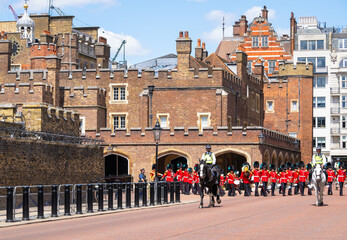 The Band of the Irish Guards leaving St. James's Palace for Changing the Guard ceremony (Guard Mounting), Westminster, London, England, United Kingdom