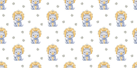 Fototapeta premium Cute blue dino, Dinosaurs and footprints. Print with triceratops. Watercolor seamless pattern for design kid's goods cards, postcards, fabric, scrapbooking, office supplies