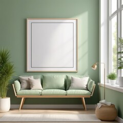 white poster frame close up in modern home interior with light green colored walls, wall mockup, 3d rendering