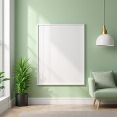 white poster frame close up in modern home interior with light green colored walls, wall mockup, 3d rendering