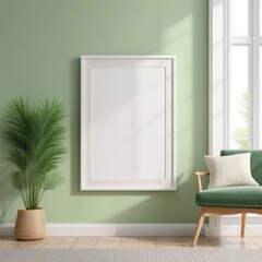 white poster frame close up in modern home interior with light green colored walls, wall mockup, 3d rendering