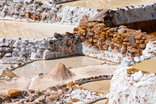 Pile of mined salt at Maras salt marsh terraces, Salinas de Maras, Cuzco Region, Peru