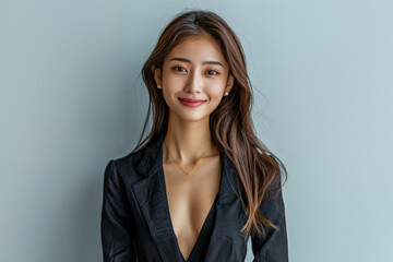 Obraz premium Smiling with confidence, a young woman in formal business attire radiates professionalism and elegance, ideal for corporate branding and promotion.