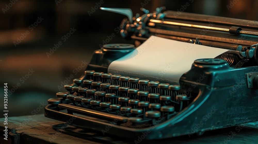 Poster an empty typewriter with a blank sheet of paper, illustrating the promise of stories yet to be writt