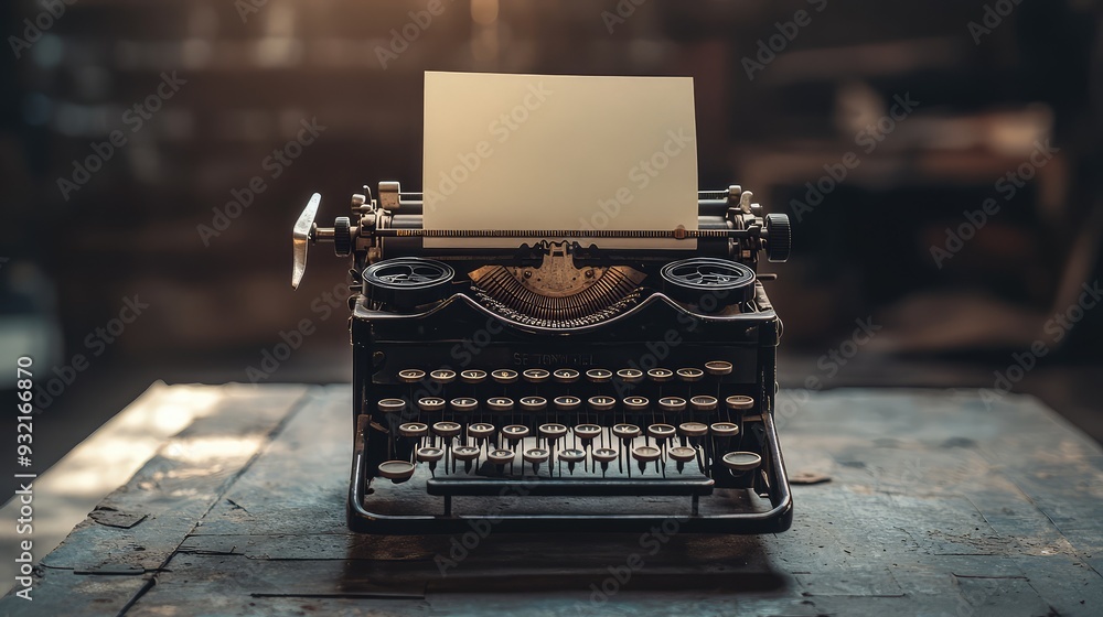 Poster an empty typewriter with a blank sheet of paper, illustrating the promise of stories yet to be writt