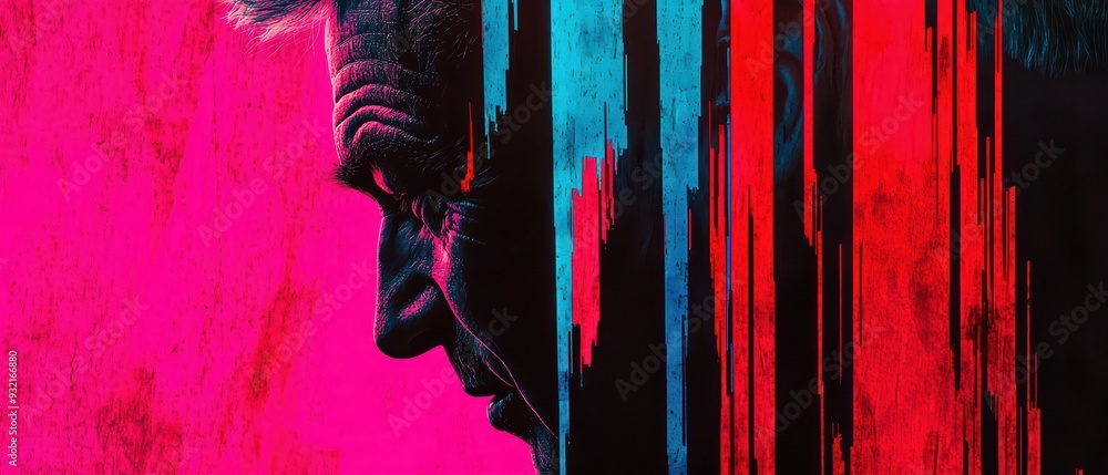 Poster a striking artistic representation of a profile with vibrant abstract colors, evoking emotions and d