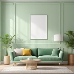 white poster frame close up in modern home interior with light green colored walls, wall mockup, 3d rendering