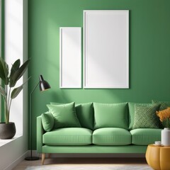 white poster frame close up in modern home interior with light green colored walls, wall mockup, 3d rendering