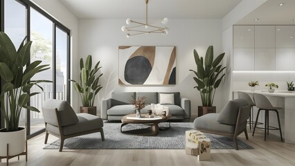 Fototapeta premium The Power of White Walls and Plants, generative AI