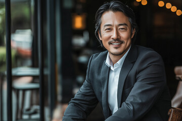 Fototapeta premium asianman, happy, portrait of a businessman in his 40s, looking at the camera, random clothes. modern style