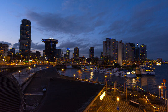 Night skyline of skyscrapers and harbour, Rotterdam, The Netherlands