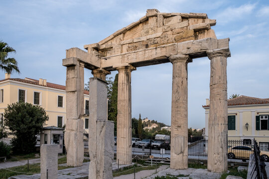 View of the Gate of Athena Archegetis, on the west side of the Roman Agora, built in 11 BCE, featuring an architrave on four Doric columns of Pentelic marble, Athens, Greece