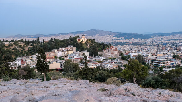 Landscape of Athens from the Areopagus, a notable rock outcrop northwest of the Acropolis, Athens, Greece