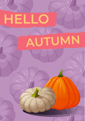 Bright design autumn greeting card design with pumpkin. Cute autumn greeting card design. Greeting card with pumpkin background