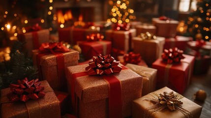 festive array of beautifully wrapped christmas gift boxes rich colors and textures of ribbons bows and wrapping paper create magical holiday scene warm lighting enhances cozy atmosphere