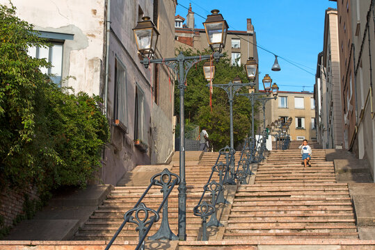 Steep flight of steps of Cret du Roc, Saint-Etienne, Loire department, Auvergne-Rhone-Alpes region, France
