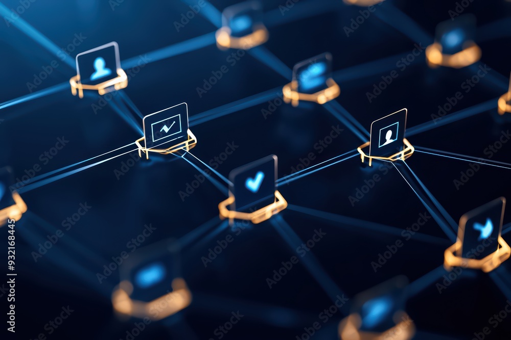Poster abstract digital network graphic showcasing interconnected icons representing various online activit