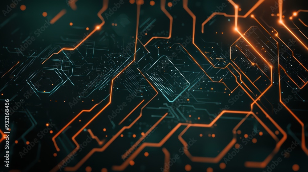 Poster abstract digital circuit design with glowing lines and nodes, perfect for technology, innovation, an