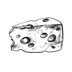 A piece of cheese. Vector graphics, black and white hand-drawn illustrations. Isolate on a white background. For packages and labels. For banners and posters. For restaurant and bar menus.