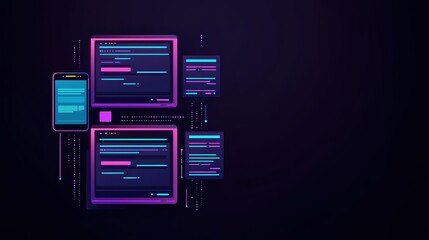 Abstract digital interface design with vibrant colors and coding screens for technology and programming themes.