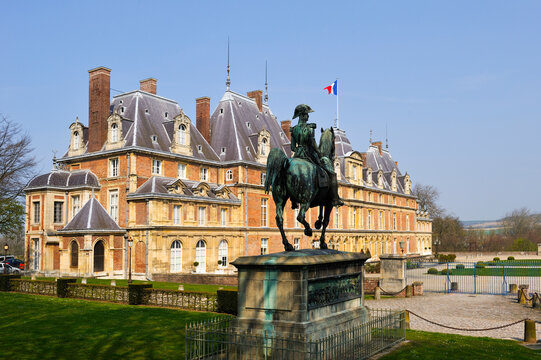 Equestrian statue of Ferdinand the Duke of Orleans in front of the Castle of Eu, Seine-Maritime department, Haute-Normandy region, northern France