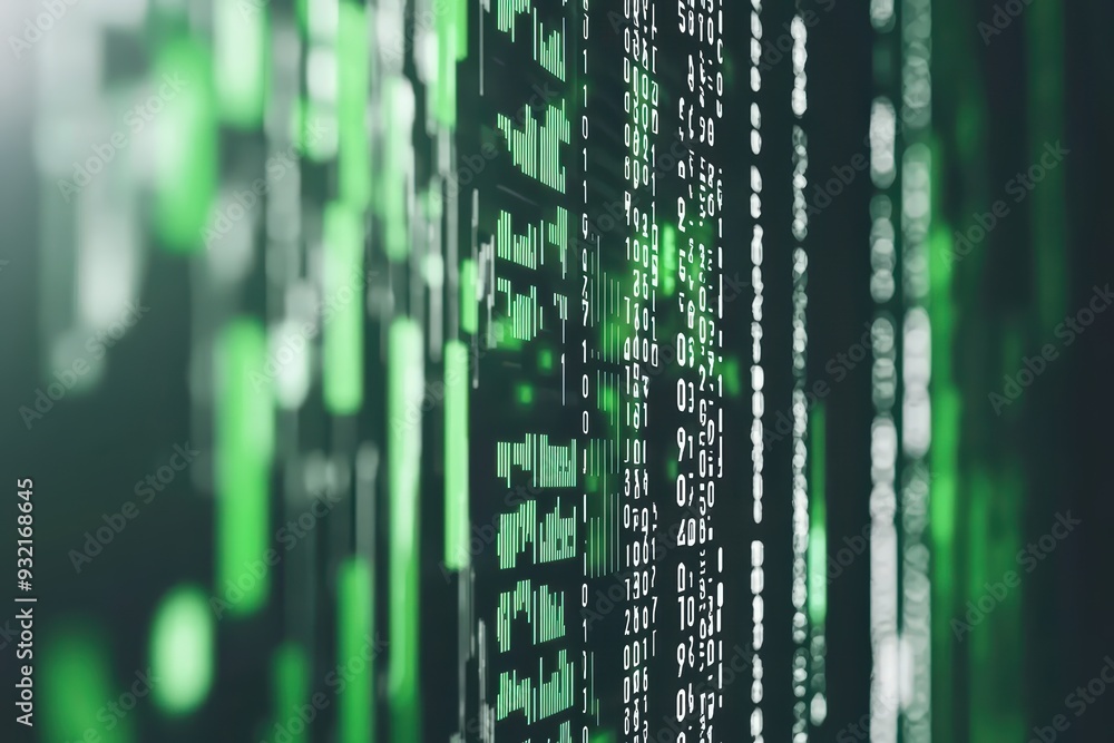 Poster abstract representation of binary code on a dark background, showcasing green digital data streams a
