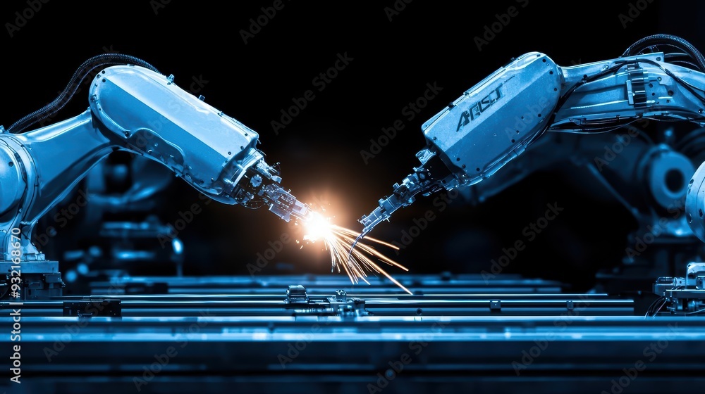 Poster advanced robotic arms engaged in a dynamic welding process, showcasing precision and innovation in m