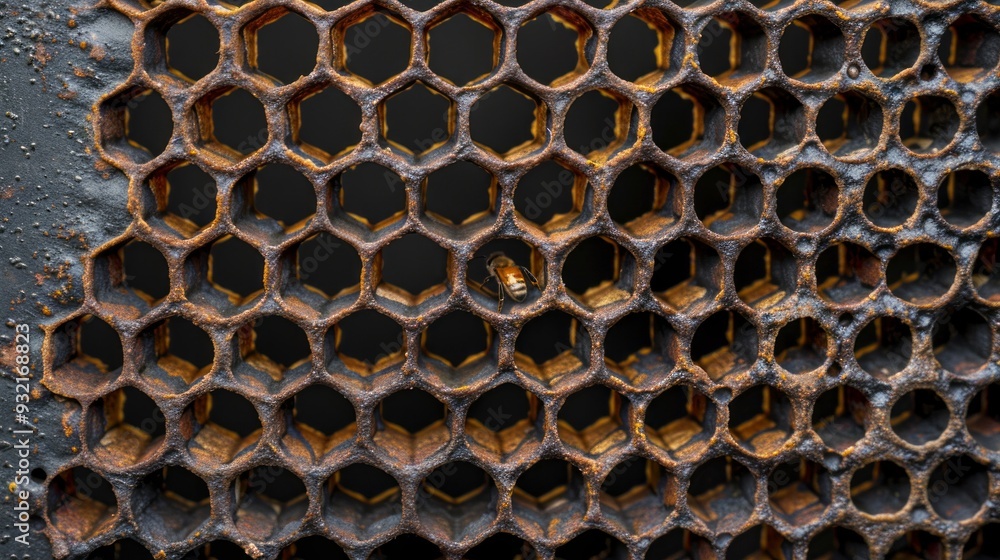 Poster A close-up view showcases a rusted honeycomb structure with tiny round openings, highlighting the interplay of light and shadows