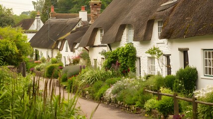 Idyllic country cottage thatched roof pretty summer gardens Cotswolds UK
