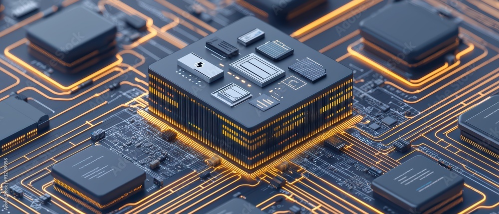 Poster close-up of a modern computer chip on a circuit board, featuring intricate patterns and glowing conn