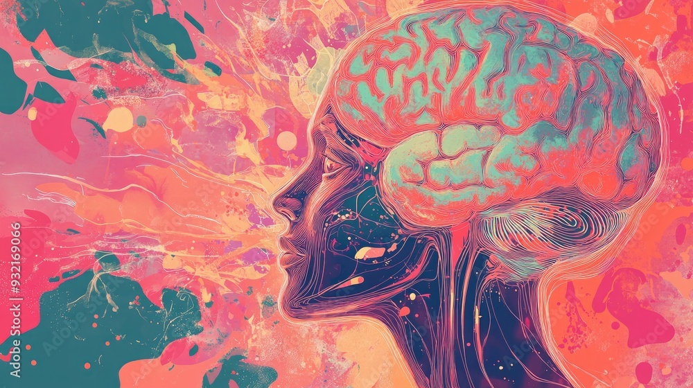 Poster 2d illustration representing a conceptual idea of thinking featuring a brain background and an abstr