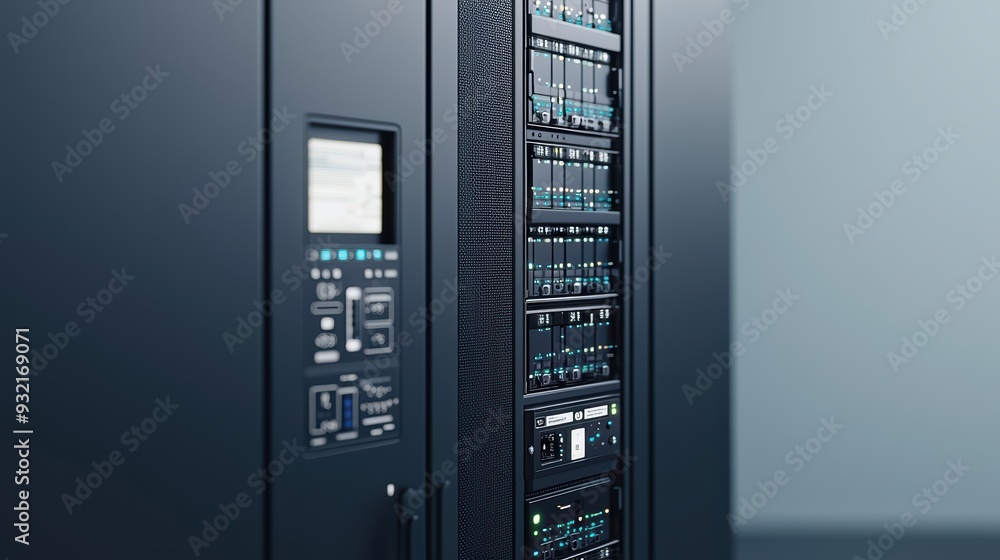 Poster close-up of a modern data server showcasing advanced technology and sleek design in a professional e