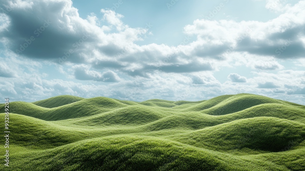 Poster 3d render of a surreal green shaggy landscape featuring abstract dunes and a panoramic view of a fut