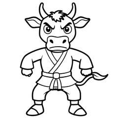Angry Karate cow White Background line art vector illustration