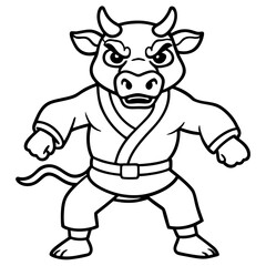 Angry Karate cow White Background line art vector illustration