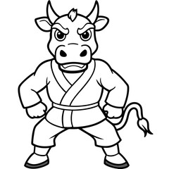 Angry Karate cow White Background line art vector illustration