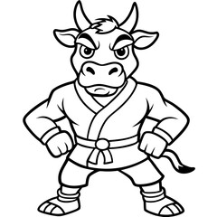 Angry Karate cow White Background line art vector illustration