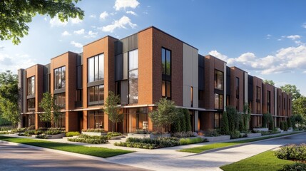 Obraz premium 3D rendering of a contemporary brick building exterior design