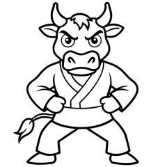 Angry Karate cow White Background line art vector illustration