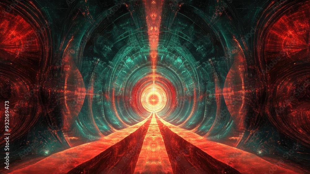 Poster a vibrant red line moves dynamically and symmetrically extending beyond the horizon in striking frac