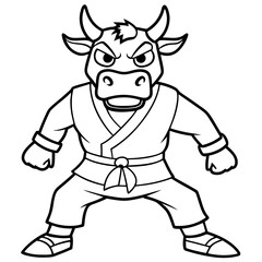 Angry Karate cow White Background line art vector illustration