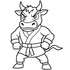 Angry Karate cow White Background line art vector illustration