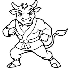 Angry Karate cow White Background line art vector illustration