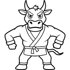 Angry Karate cow White Background line art vector illustration