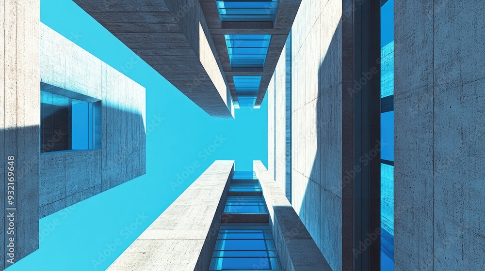 Poster abstract background featuring tall concrete structures with blue windows created through 3d illustra