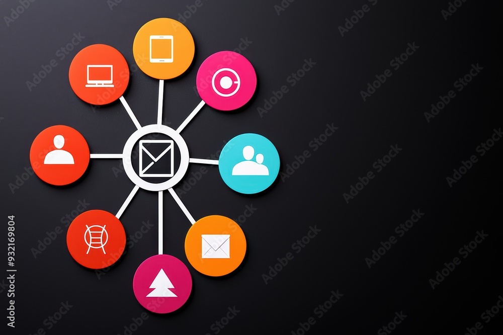 Poster Colorful icons connected to an envelope, representing digital communication and networking in a modern environment.