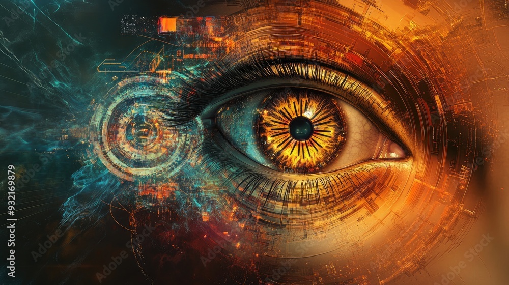 Poster abstract design featuring eye outlines numbers and fractal elements symbolizing modern technology me