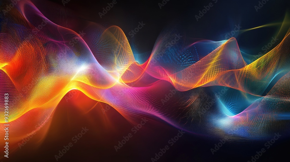 Poster abstract design featuring sine waves and luminous elements exploring themes of science technology an